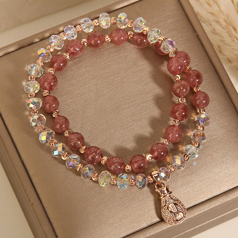 Fortune Jewel Strawberry Quartz White Crystal Money Bag Charm Positive Bracelet