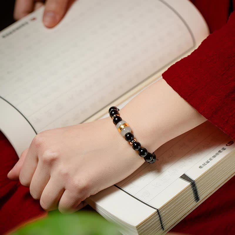 Fortune Jewel Black Obsidian Jade Om Mani Padme Hum Strength Couple Magnetic Bracelet