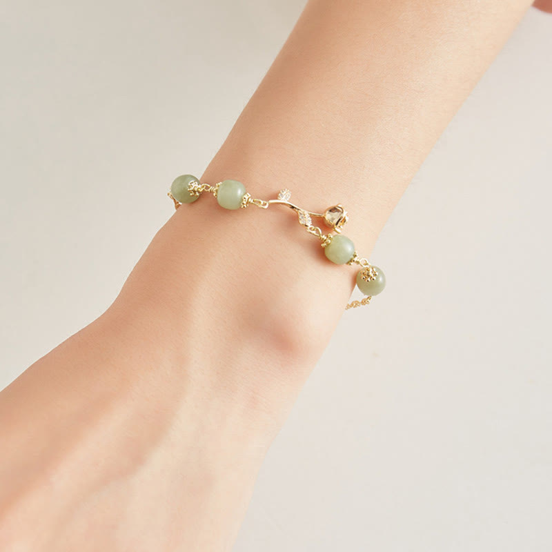 Fortune Jewel 14K Gold Plated Hetian Jade Golden Rose Flower Luck Chain Bracelet