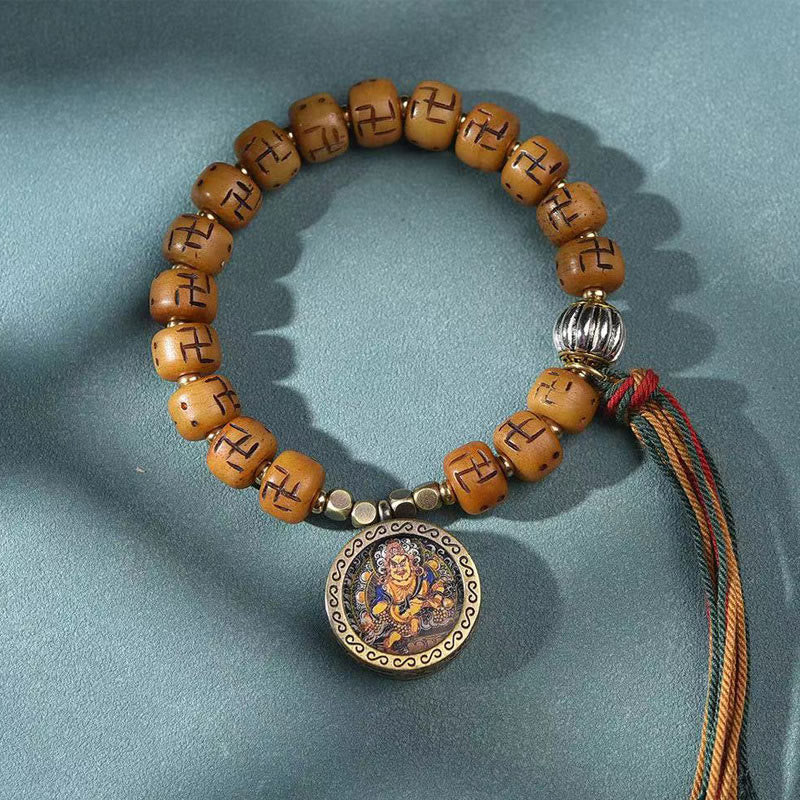 Fortune Jewel Natural Tibetan Camel Bone Swastika Dzi Bead Shankha Buddha Charm Kirtimukha Luck Protection Tassel Bracelet