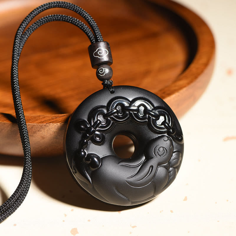 Fortune Jewel Chinese Zodiac Natural Black Obsidian Peace Buckle Strength Necklace Pendant