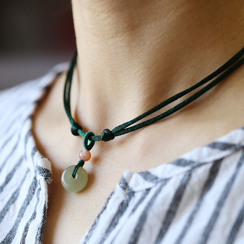 Fortune Jewel Natural Round Jade Peace Buckle Lotus Abundance String Necklace Pendant Fortune Jewel