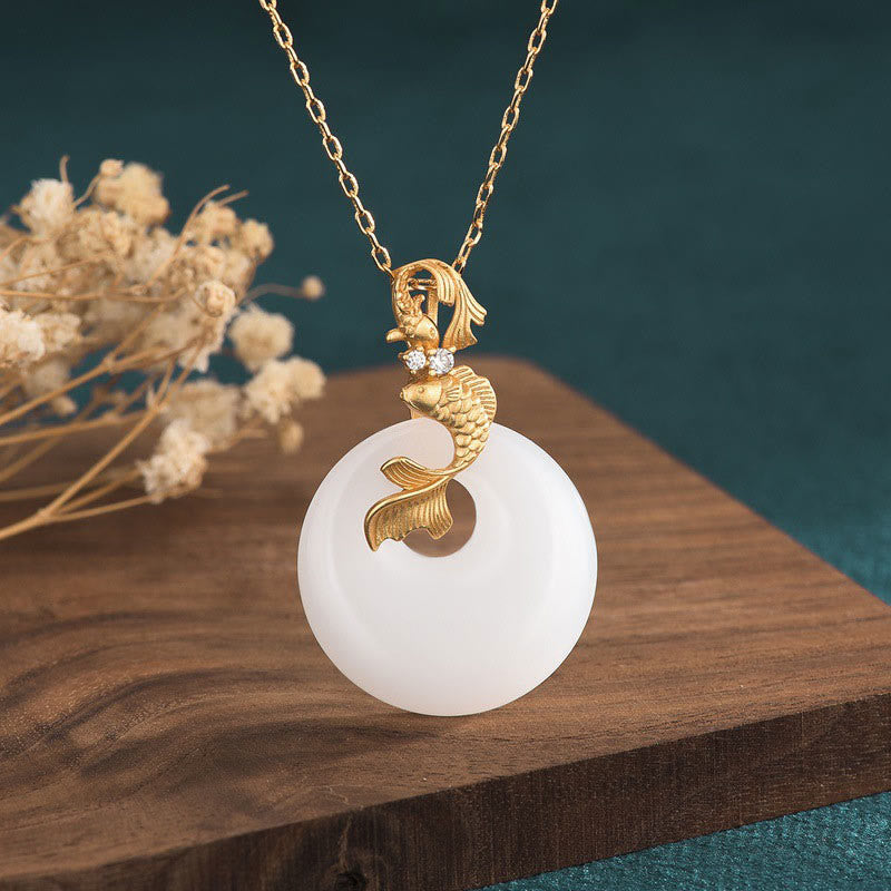 Fortune Jewel White Jade Koi Fish Wealth Prosperity Necklace Pendant