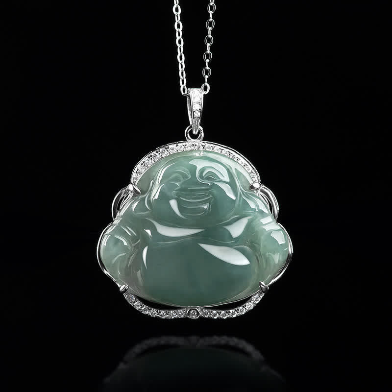 Fortune Jewel Laughing Buddha Natural Jade Luck Necklace Titanium Steel Chain Pendant Fortune Jewel