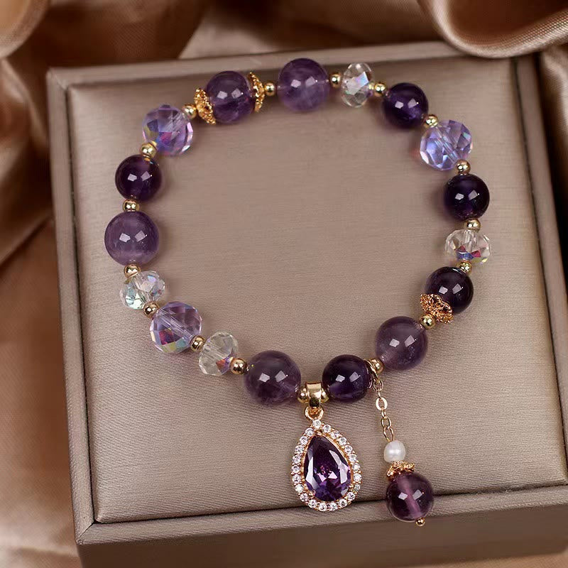 Fortune Jewel Natural Amethyst Zircon Love Heart Healing Soul Charm Bracelet