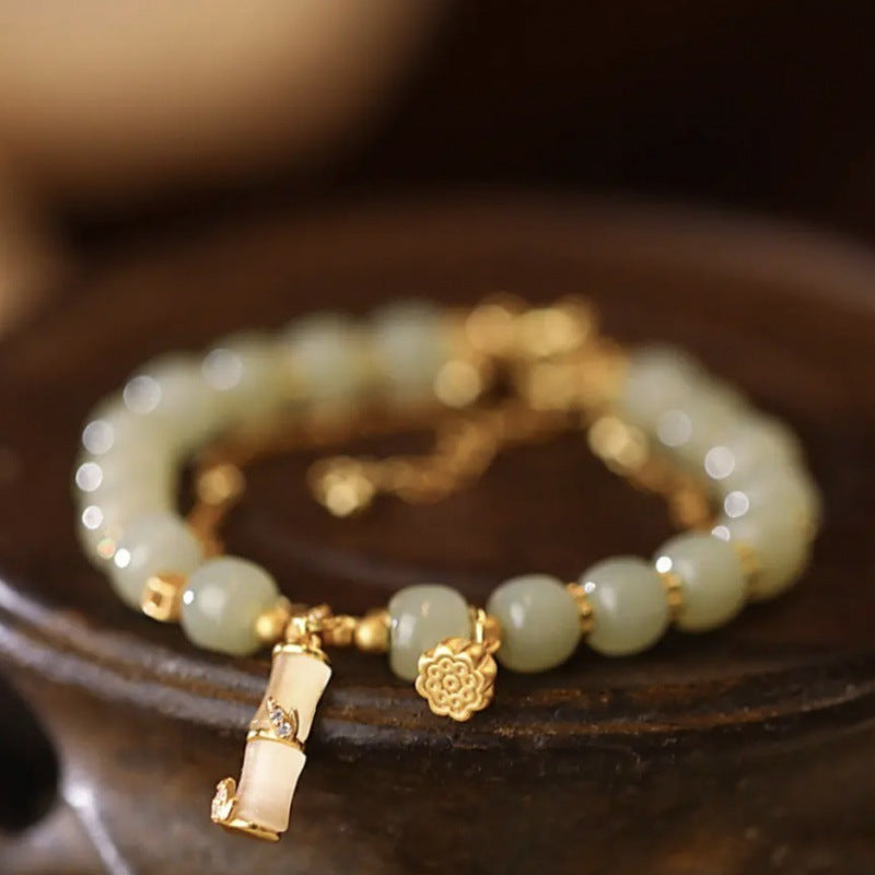 Fortune Jewel Natural Hetian Jade Prosperity Lotus Bamboo Charm Bracelet