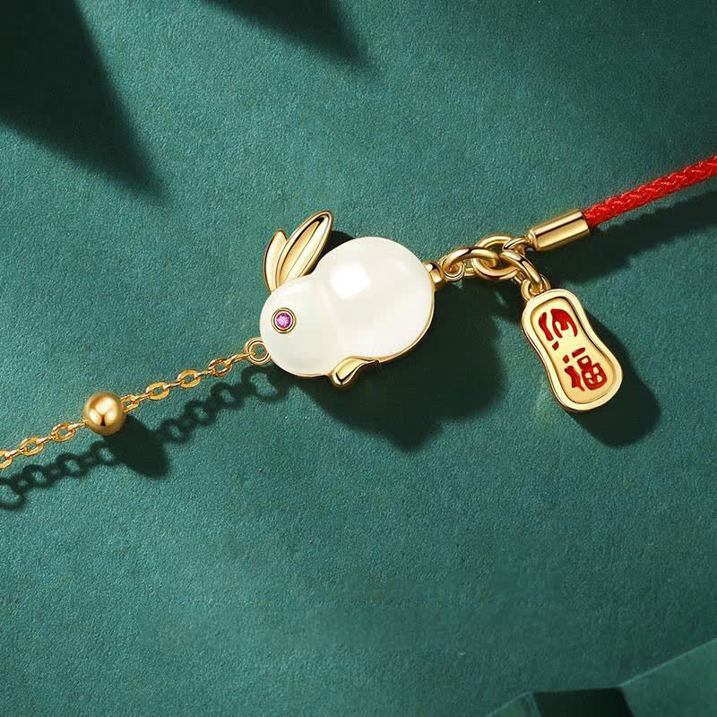 Fortune Jewel Year of the Rabbit White Jade Happiness Red String Chain Bracelet