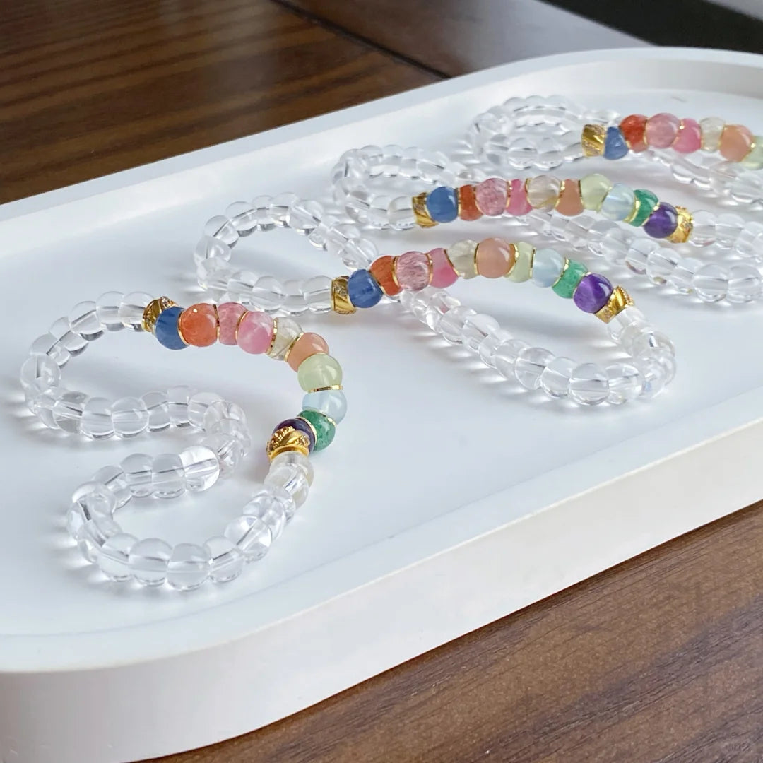 Tibetan Angled-Cut White Crystal Bracelet with Multicolor Crystals – Top-Grade Clear Quartz, Stress-Relieving & Meditation-Friendly