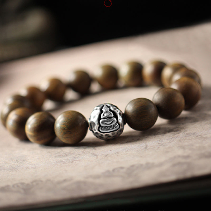 Fortune Jewel 999 Sterling Silver Green Sandalwood Small Leaf Red Sandalwood Buddha Cure Bracelet