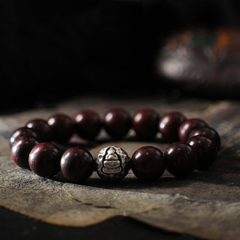Fortune Jewel 999 Sterling Silver Green Sandalwood Small Leaf Red Sandalwood Buddha Cure Bracelet