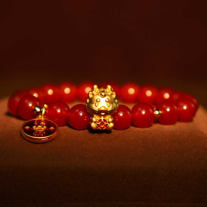 Fortune Jewel Year of the Dragon Natural Red Agate Copper Coin Attract Fortune Bracelet