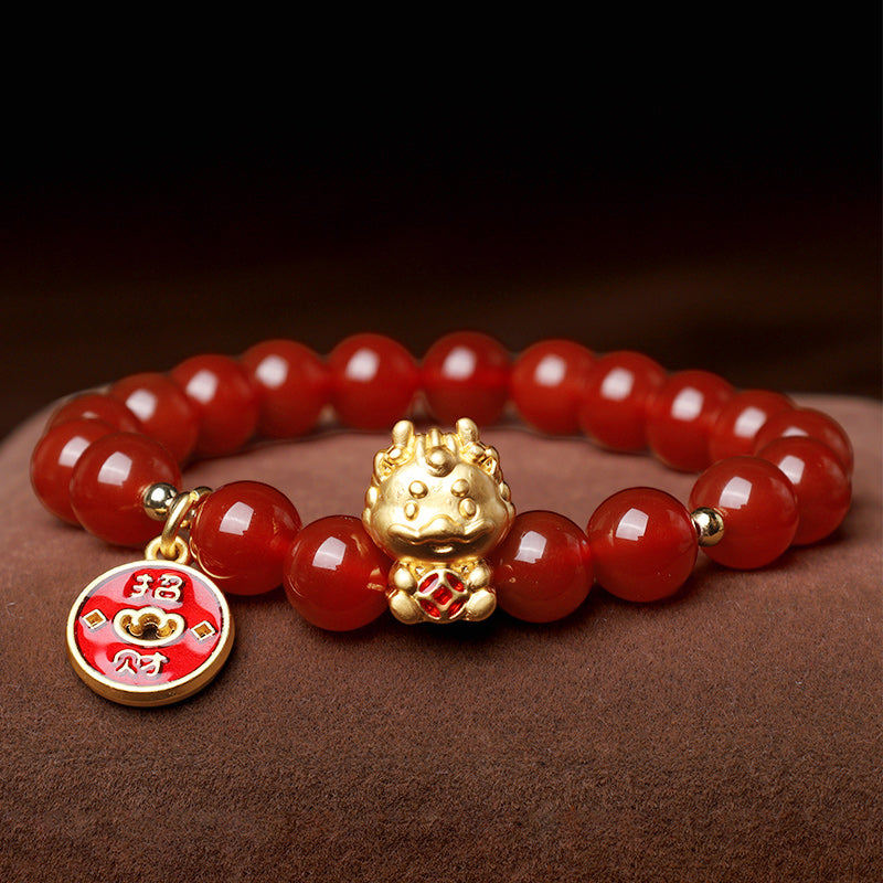 Fortune Jewel Year of the Dragon Natural Red Agate Copper Coin Attract Fortune Bracelet
