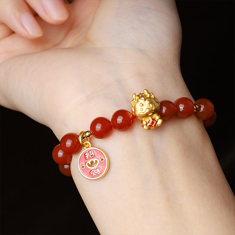 Fortune Jewel Year of the Dragon Natural Red Agate Copper Coin Attract Fortune Bracelet