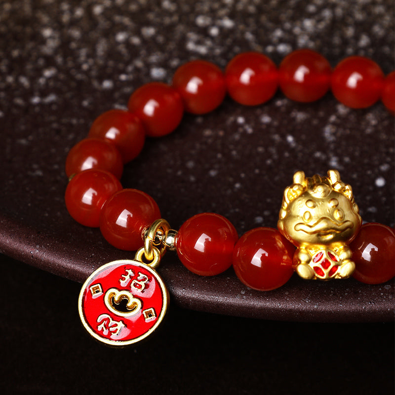 Fortune Jewel Year of the Dragon Natural Red Agate Copper Coin Attract Fortune Bracelet
