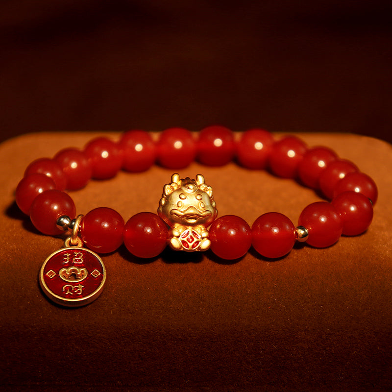Fortune Jewel Year of the Dragon Natural Red Agate Copper Coin Attract Fortune Bracelet