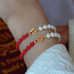 Fortune Jewel 14K Gold Plated Pearl Bead Luck Protection Braid Red String Bracelet