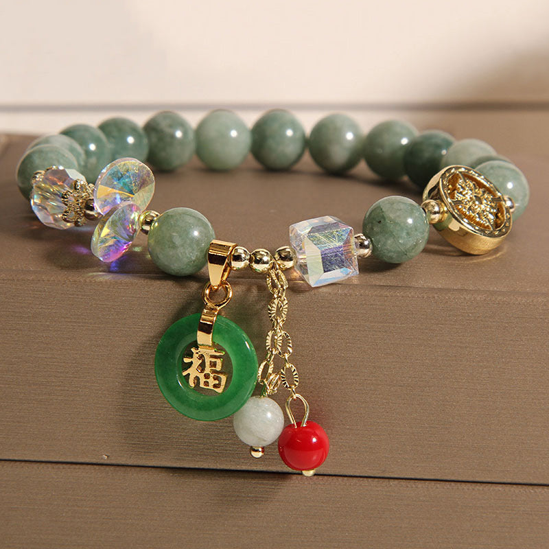 Fortune Jewel Strawberry Quartz Jade Fu Character Charm Healing Bracelet