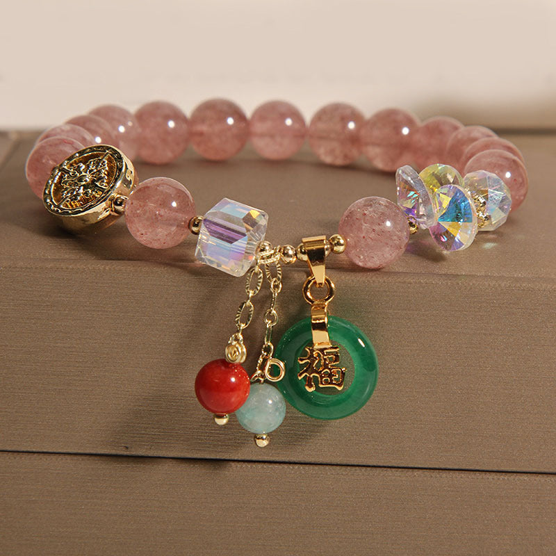 Fortune Jewel Strawberry Quartz Jade Fu Character Charm Healing Bracelet