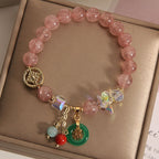 Fortune Jewel Strawberry Quartz Jade Fu Character Charm Healing Bracelet