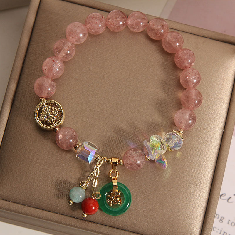 Fortune Jewel Strawberry Quartz Jade Fu Character Charm Healing Bracelet