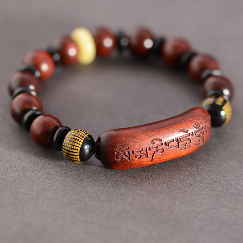 Fortune Jewel Small Leaf Red Sandalwood Om Mani Padme Hum Engraved Protection Bracelet