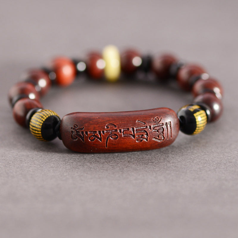 Fortune Jewel Small Leaf Red Sandalwood Om Mani Padme Hum Engraved Protection Bracelet