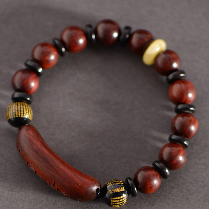Fortune Jewel Small Leaf Red Sandalwood Om Mani Padme Hum Engraved Protection Bracelet
