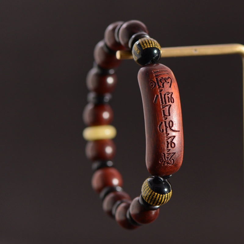 Fortune Jewel Small Leaf Red Sandalwood Om Mani Padme Hum Engraved Protection Bracelet