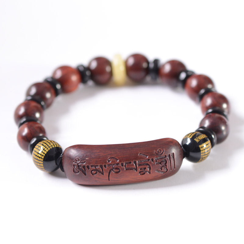 Fortune Jewel Small Leaf Red Sandalwood Om Mani Padme Hum Engraved Protection Bracelet
