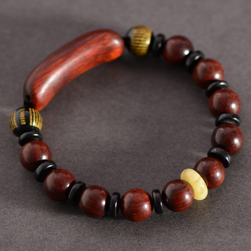 Fortune Jewel Small Leaf Red Sandalwood Om Mani Padme Hum Engraved Protection Bracelet