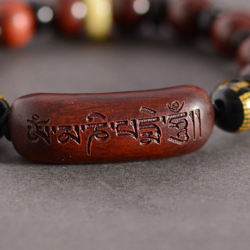 Fortune Jewel Small Leaf Red Sandalwood Om Mani Padme Hum Engraved Protection Bracelet