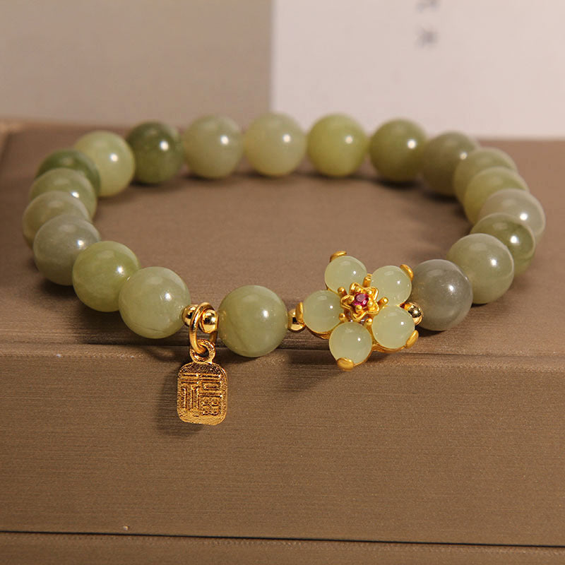 Fortune Jewel Green Jade Flower Fu Character Charm Luck Bracelet