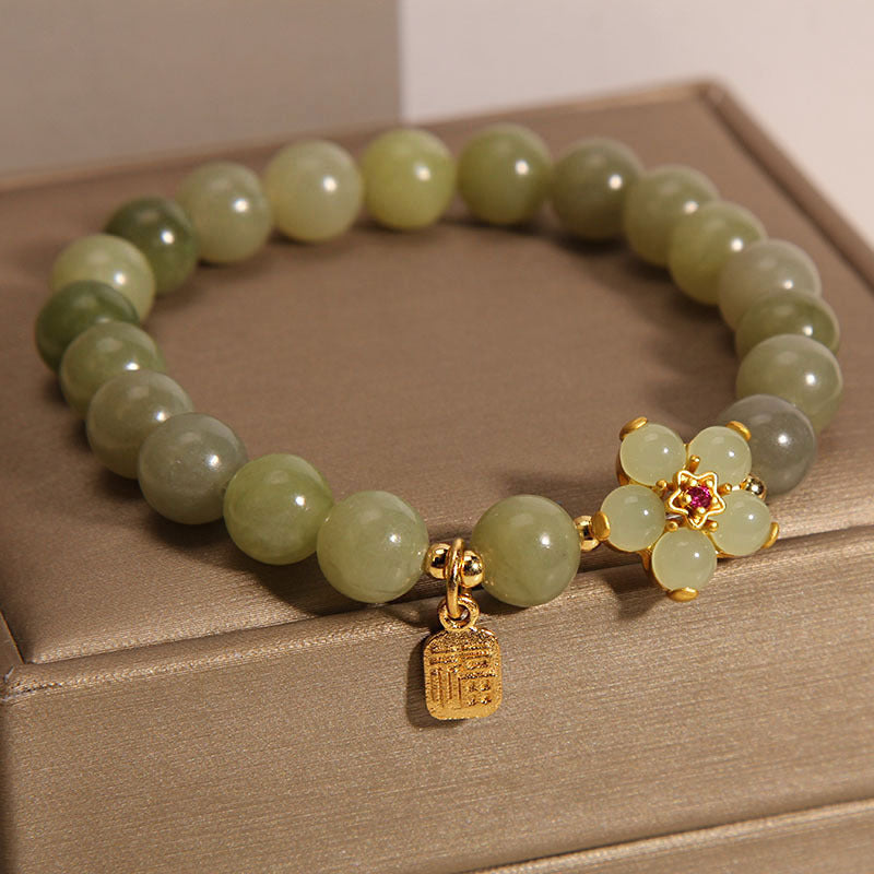 Fortune Jewel Green Jade Flower Fu Character Charm Luck Bracelet