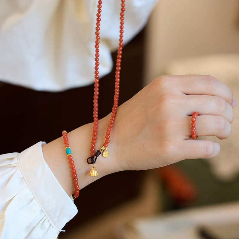 Fortune Jewel 925 Sterling Silver Plated Gold Natural Red Agate Turquoise Confidence Bracelet Necklace Pendant Ring Set