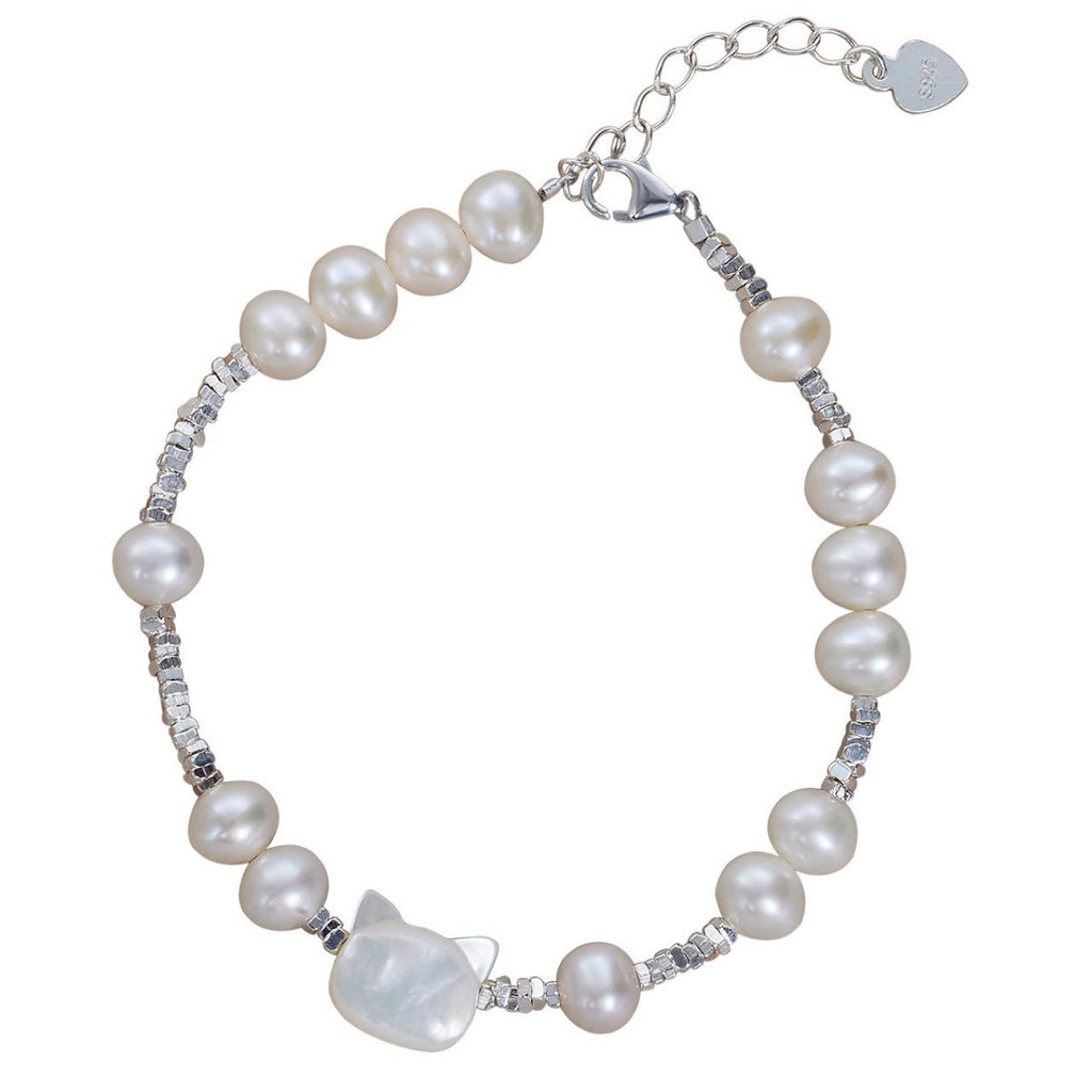Fortune Jewel Pearl Cat Head Tridacna Stone Silver Healing Bracelet