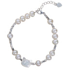Fortune Jewel Pearl Cat Head Tridacna Stone Silver Healing Bracelet