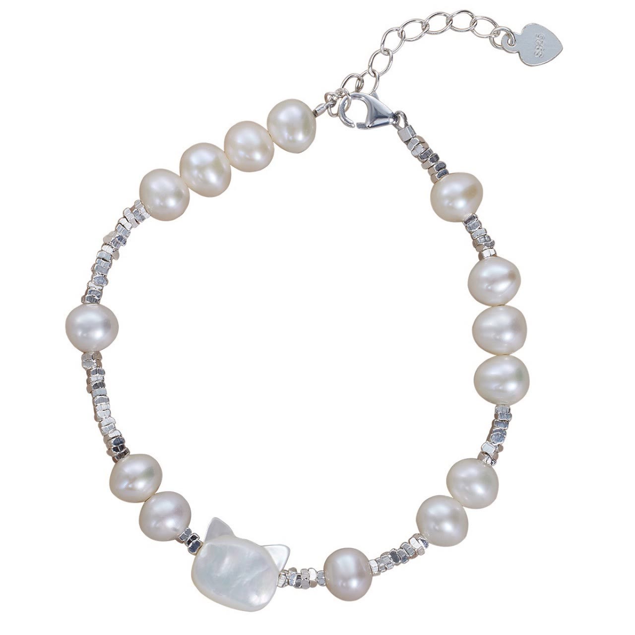 Fortune Jewel Pearl Cat Head Tridacna Stone Silver Healing Bracelet
