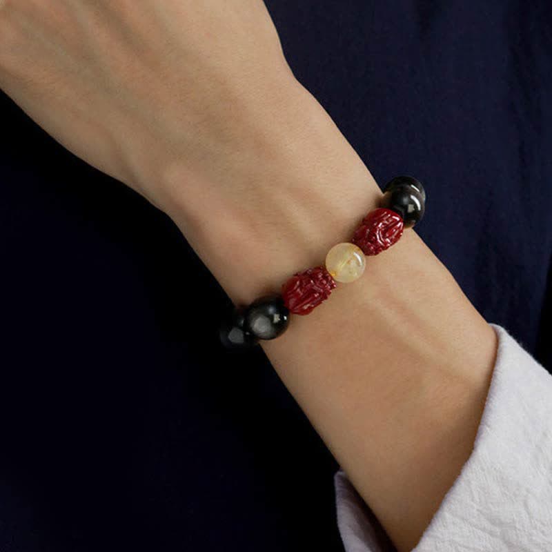 Fortune Jewel Gold Sheen Obsidian PiXiu Cinnabar Om Mani Padme Hum Protection Bracelet