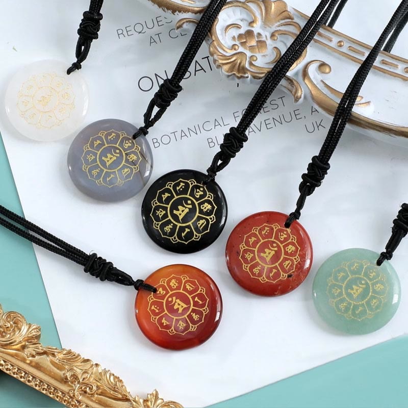 Fortune Jewel Om Mani Padme Hum Natural Various Crystal Black Obsidian Strength Necklace Pendant