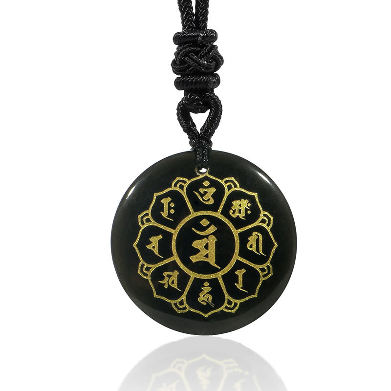 Fortune Jewel Om Mani Padme Hum Natural Various Crystal Black Obsidian Strength Necklace Pendant