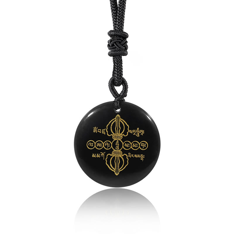 Fortune Jewel Vajra Dorje Sanskrit Pattern Natural Various Crystal Black Obsidian Fulfilment Necklace Pendant
