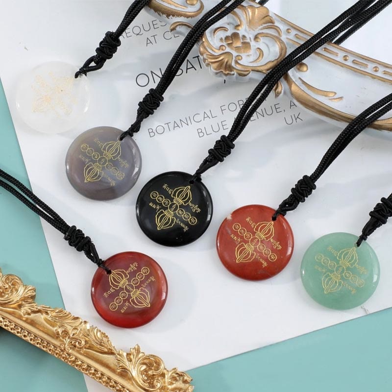 Fortune Jewel Vajra Dorje Sanskrit Pattern Natural Various Crystal Black Obsidian Fulfilment Necklace Pendant