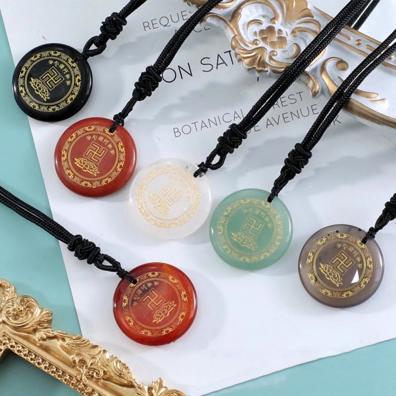 Fortune Jewel Swastika Lotus Pattern Natural Various Crystal Black Obsidian Purification Necklace Pendant