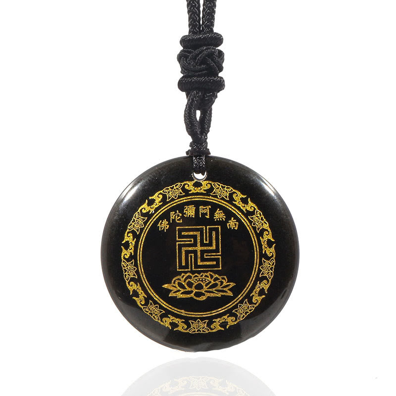 Fortune Jewel Swastika Lotus Pattern Natural Various Crystal Black Obsidian Purification Necklace Pendant