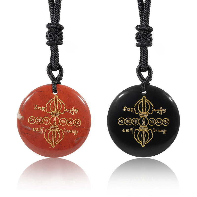 Fortune Jewel Vajra Dorje Sanskrit Pattern Natural Various Crystal Black Obsidian Fulfilment Necklace Pendant