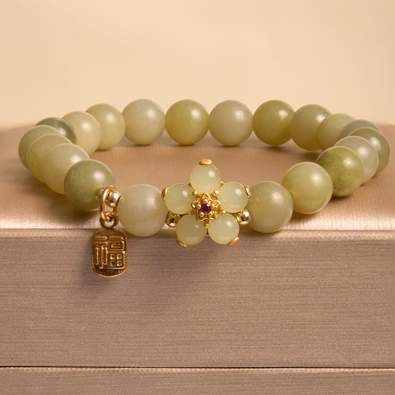 Fortune Jewel Green Jade Flower Fu Character Charm Luck Bracelet
