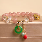 Fortune Jewel Strawberry Quartz Jade Fu Character Charm Healing Bracelet