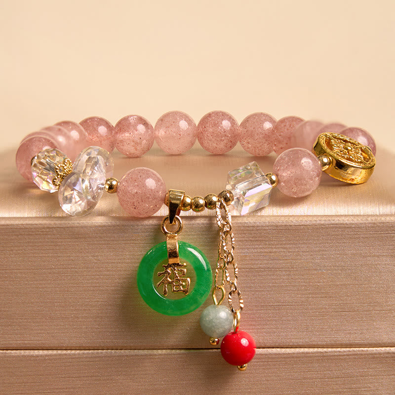 Fortune Jewel Strawberry Quartz Jade Fu Character Charm Healing Bracelet