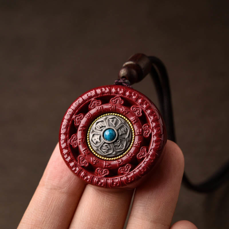 Fortune Jewel Cinnabar Om Mani Padme Hum Blessing Rotatable Necklace Pendant Key Chain