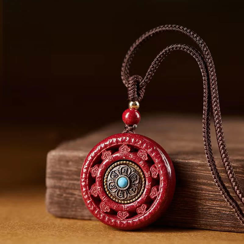 Fortune Jewel Cinnabar Om Mani Padme Hum Blessing Rotatable Necklace Pendant Key Chain